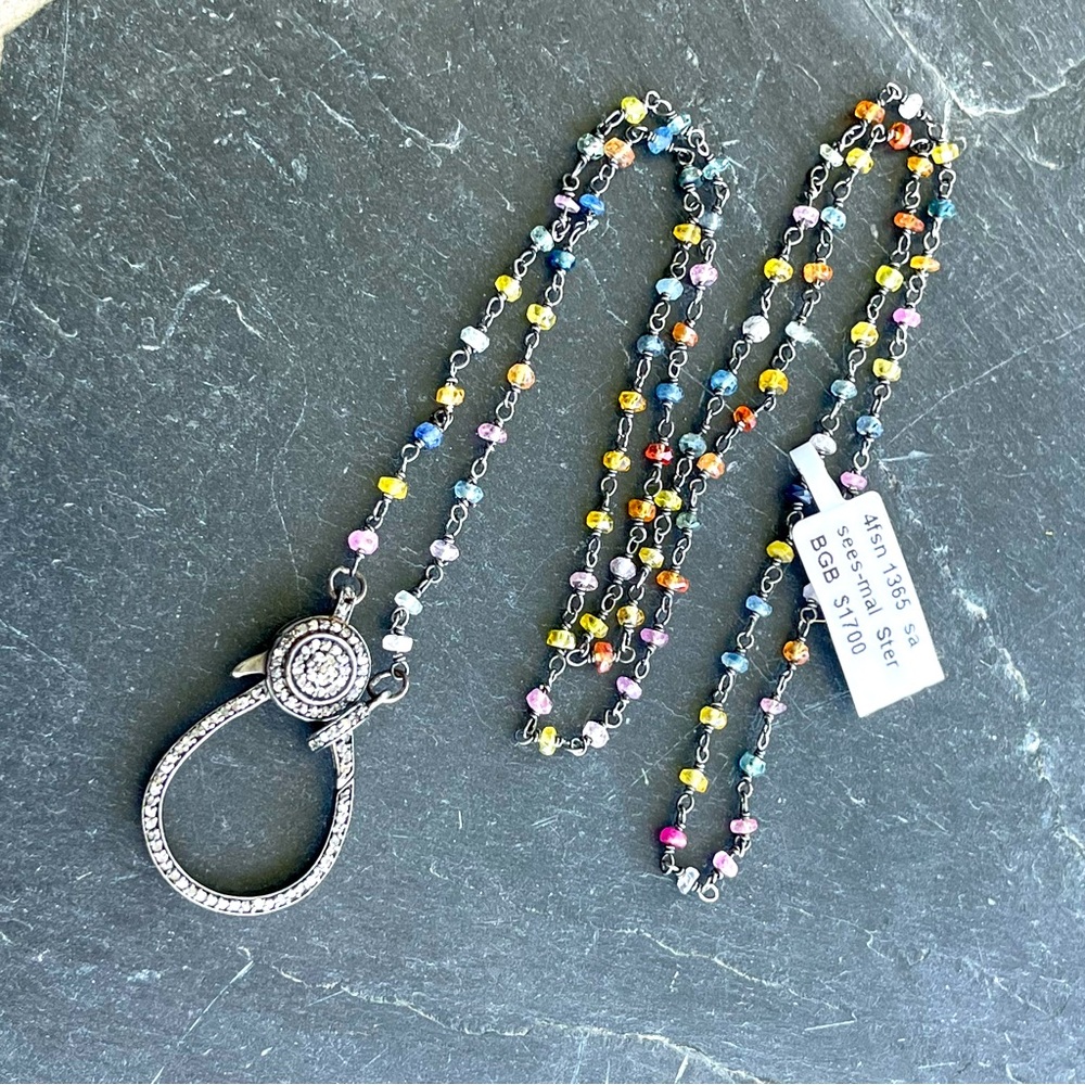 One of a kind Multicolor faceted Sapphire Beaded Silver Necklace Diamond clasp